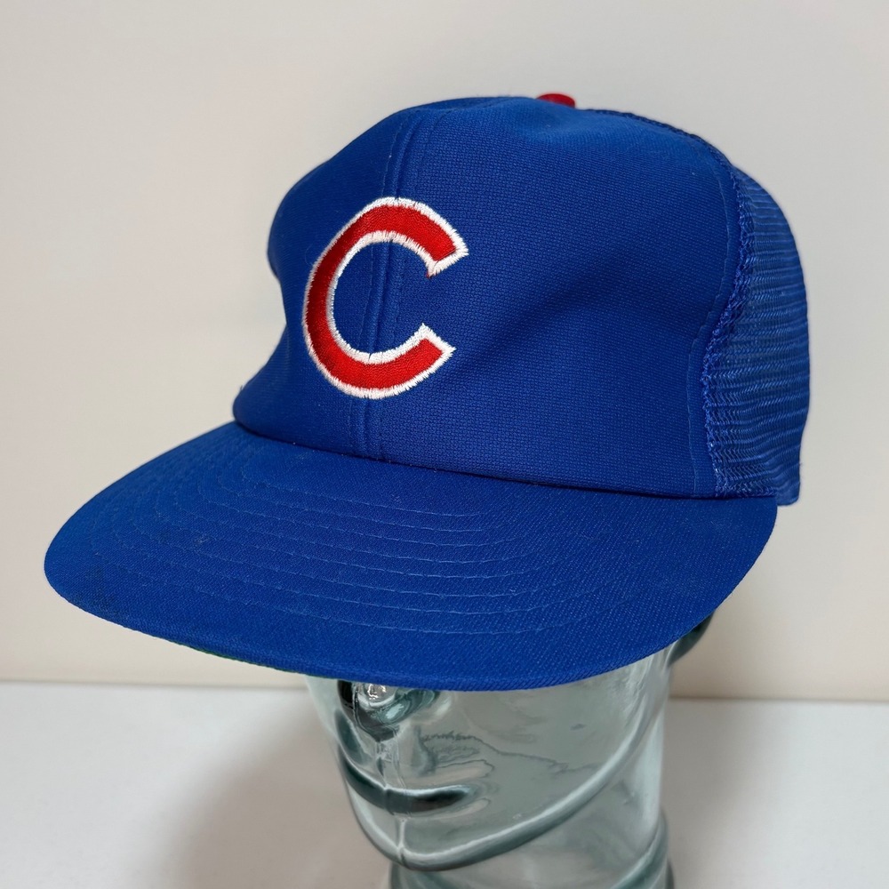 Vintage 90s MLB Chicago Cubs Trucker Hat Blue Snapback Mesh Cap